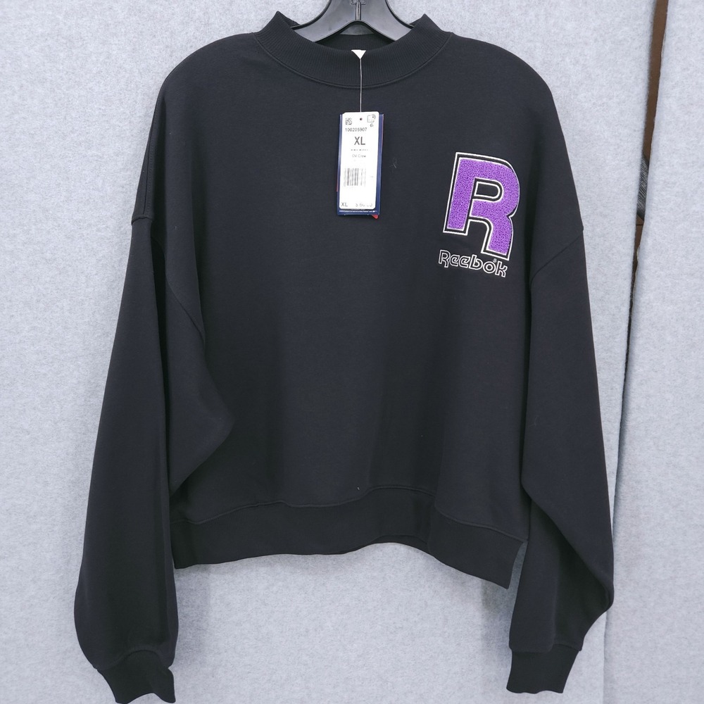 Reebok OV Crew Casual Black Logo Purple Pullover Sweater Womens Size XL NWT